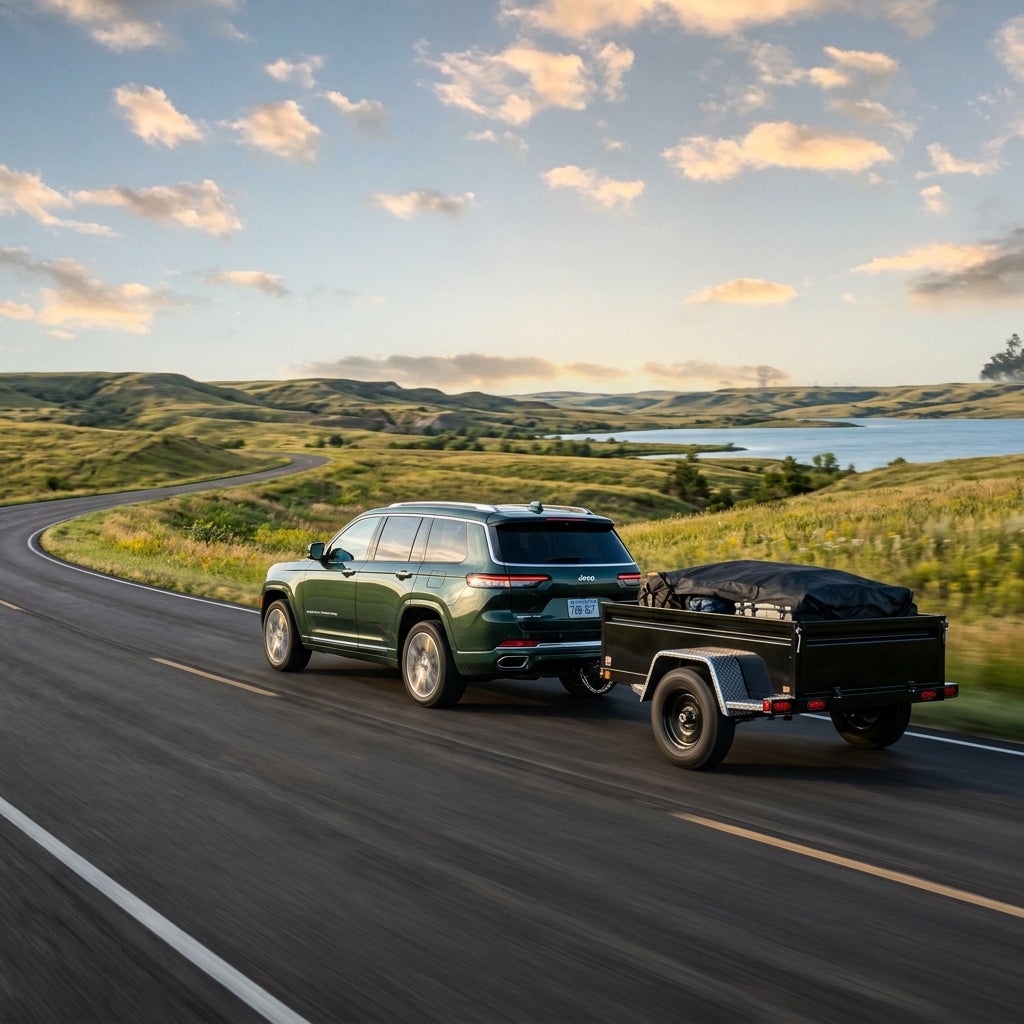 Green SUV towing a small black utility trailer on a winding road through scenic rolling hills with a distant lake. (Representative image for illustration purposes only. Actual vehicle may vary based on trim and configuration.)
