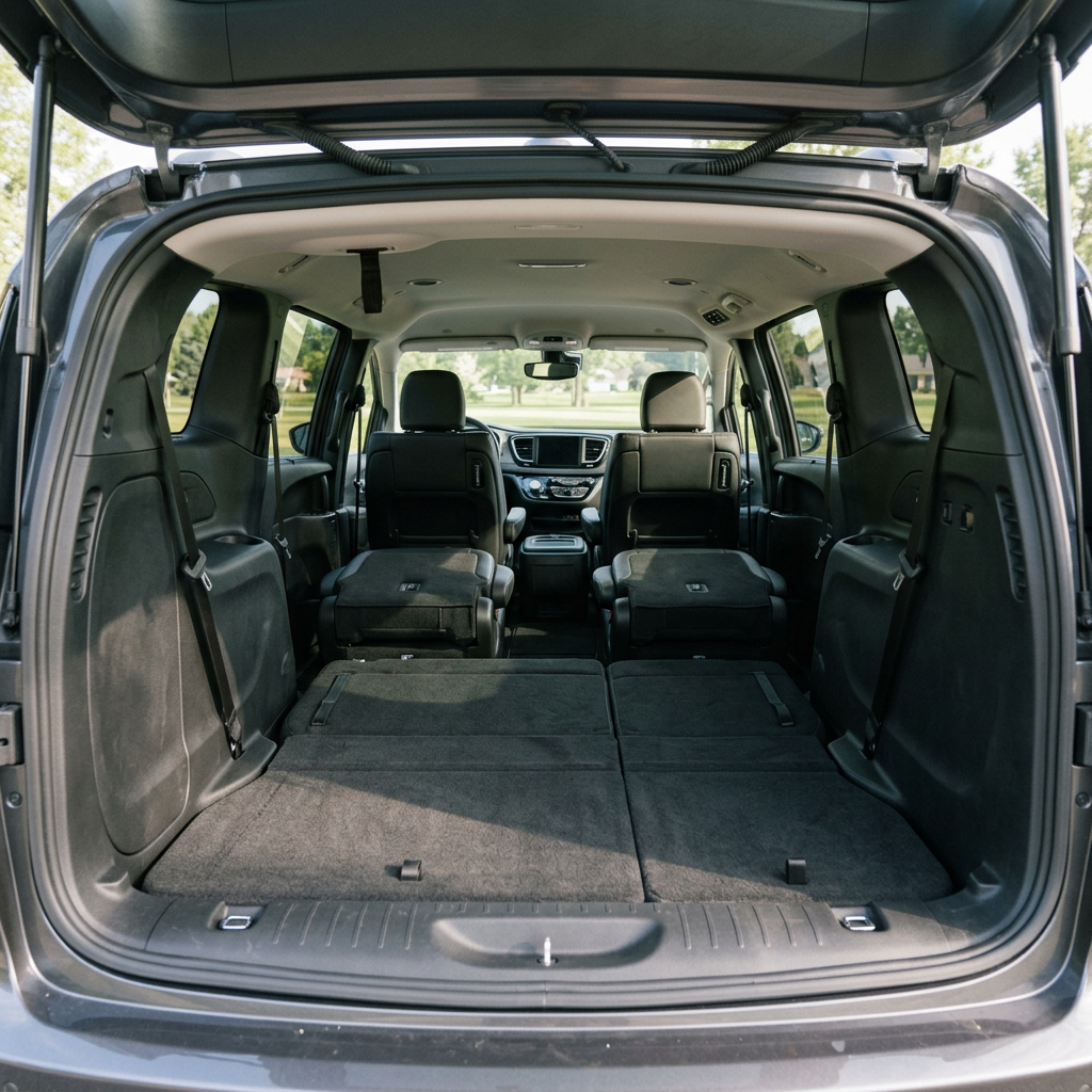 Open trunk view of a modern minivan with folded flat rear and middle row seats for maximum cargo space. (Representative image for illustration purposes only. Actual vehicle may vary based on trim and configuration.)