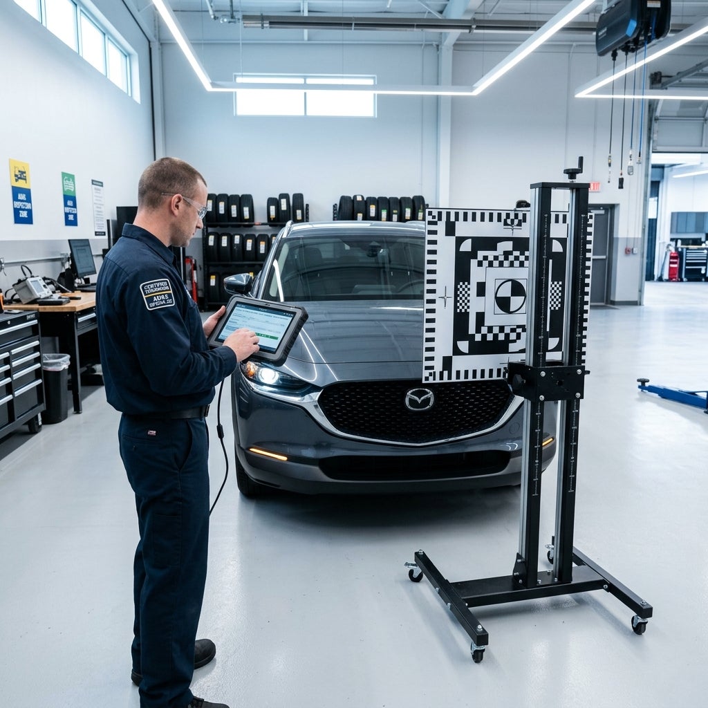 Automotive technician holding a diagnostic tablet in front of a Mazda SUV and an ADAS calibration target stand. (Representative image for illustration purposes only. Actual vehicle may vary based on trim and configuration.)