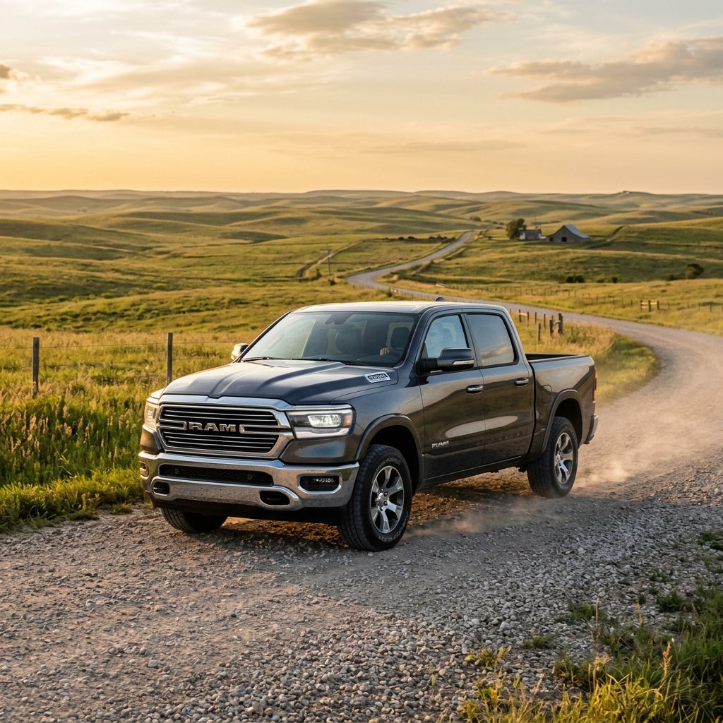 A dark grey RAM pickup truck driving on a winding gravel road through green rolling hills at sunset. (Representative image for illustration purposes only. Actual vehicle may vary based on trim and configuration.)