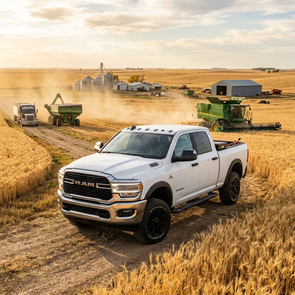 White Ram pickup truck parked on a dirt path in a golden wheat field during farm harvest season. (Representative image for illustration purposes only. Actual vehicle may vary based on trim and configuration.)