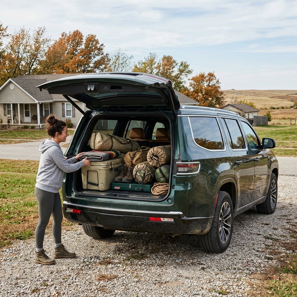 Woman loading camping gear, cooler, and sleeping bags into the open trunk of a green SUV. (Representative image for illustration purposes only. Actual vehicle may vary based on trim and configuration.)