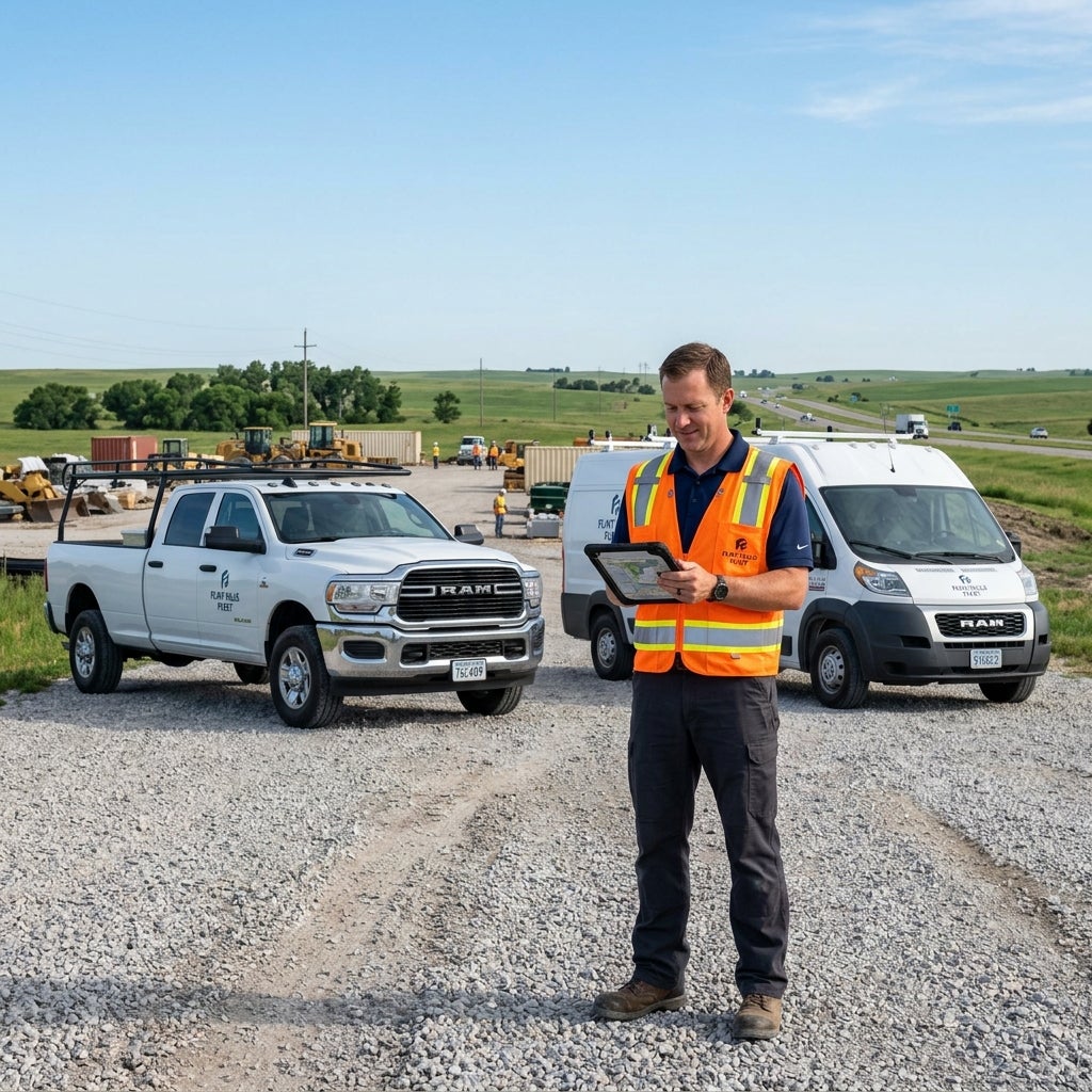 A supervisor wearing an orange safety vest holds a tablet in front of white RAM fleet vehicles on a gravel lot. (Representative image for illustration purposes only. Actual vehicle may vary based on trim and configuration.)