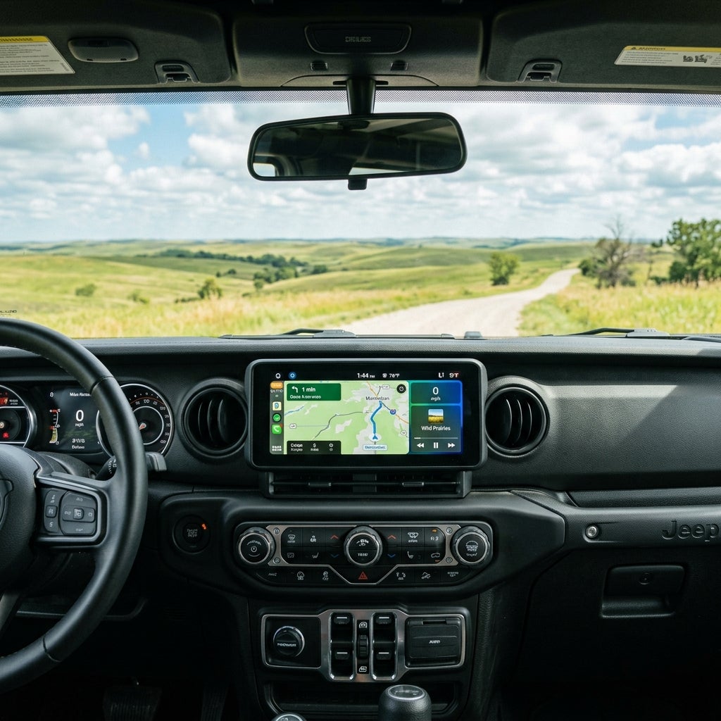 Driver-seat view from inside a Jeep looking out at a winding gravel road through rolling green hills under a cloudy sky. (Representative image for illustration purposes only. Actual vehicle may vary based on trim and configuration.)