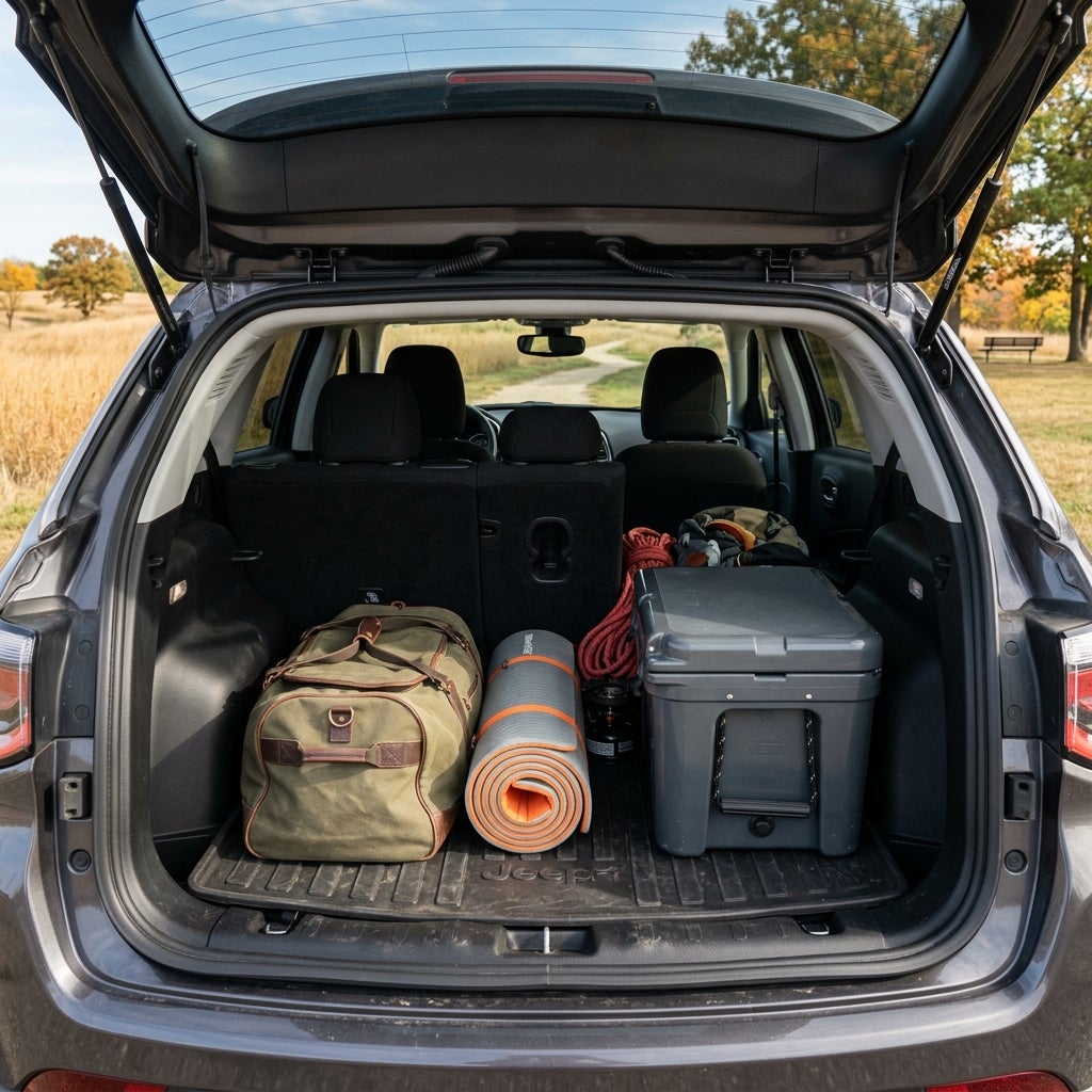 Open SUV trunk packed with a green canvas duffel bag, rolled sleeping pad, and grey Yeti cooler. (Representative image for illustration purposes only. Actual vehicle may vary based on trim and configuration.)