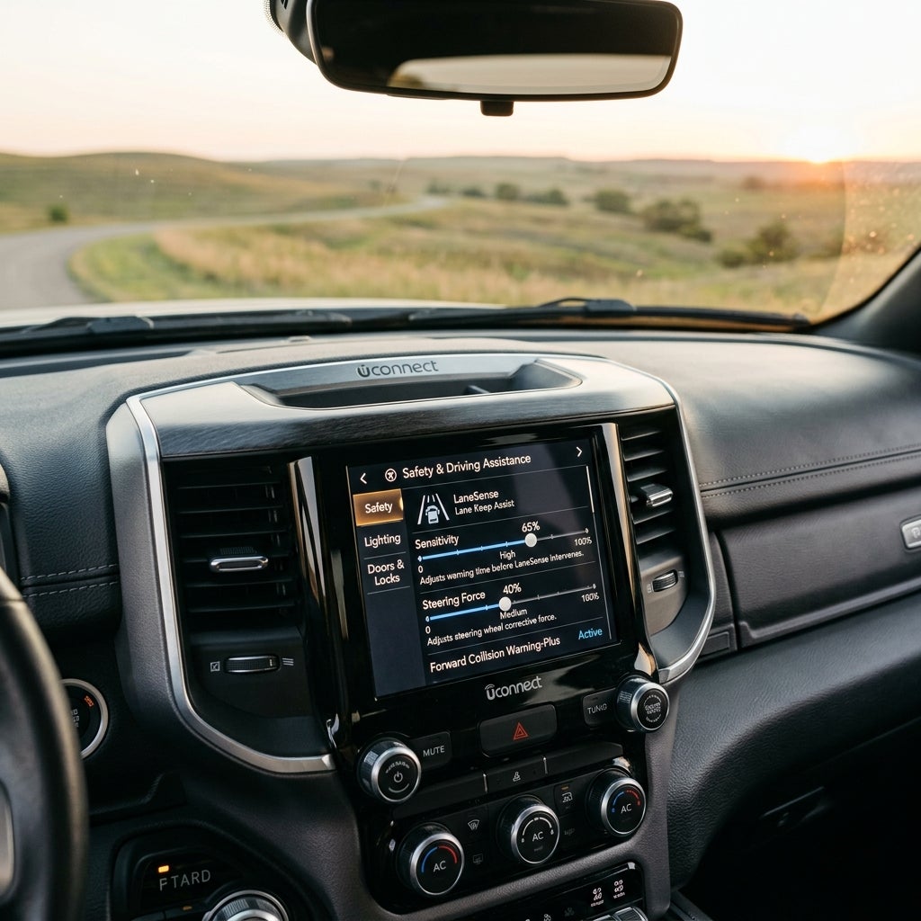 A Ram truck dashboard featuring a Uconnect infotainment screen with driver assistance settings on a scenic drive. (Representative image for illustration purposes only. Actual vehicle may vary based on trim and configuration.)