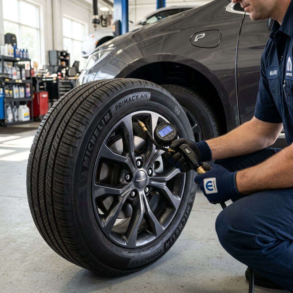 Mechanic checking tire pressure on a Michelin tire attached to a dark gray Chrysler rim in an auto repair shop. (Representative image for illustration purposes only. Actual vehicle may vary based on trim and configuration.)