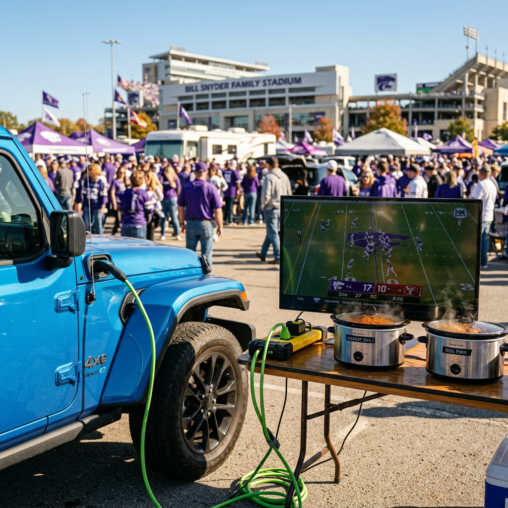 A blue Jeep 4xe powers a TV and slow cookers at a tailgating party outside Bill Snyder Family Stadium. (Representative image for illustration purposes only. Actual vehicle may vary based on trim and configuration.)