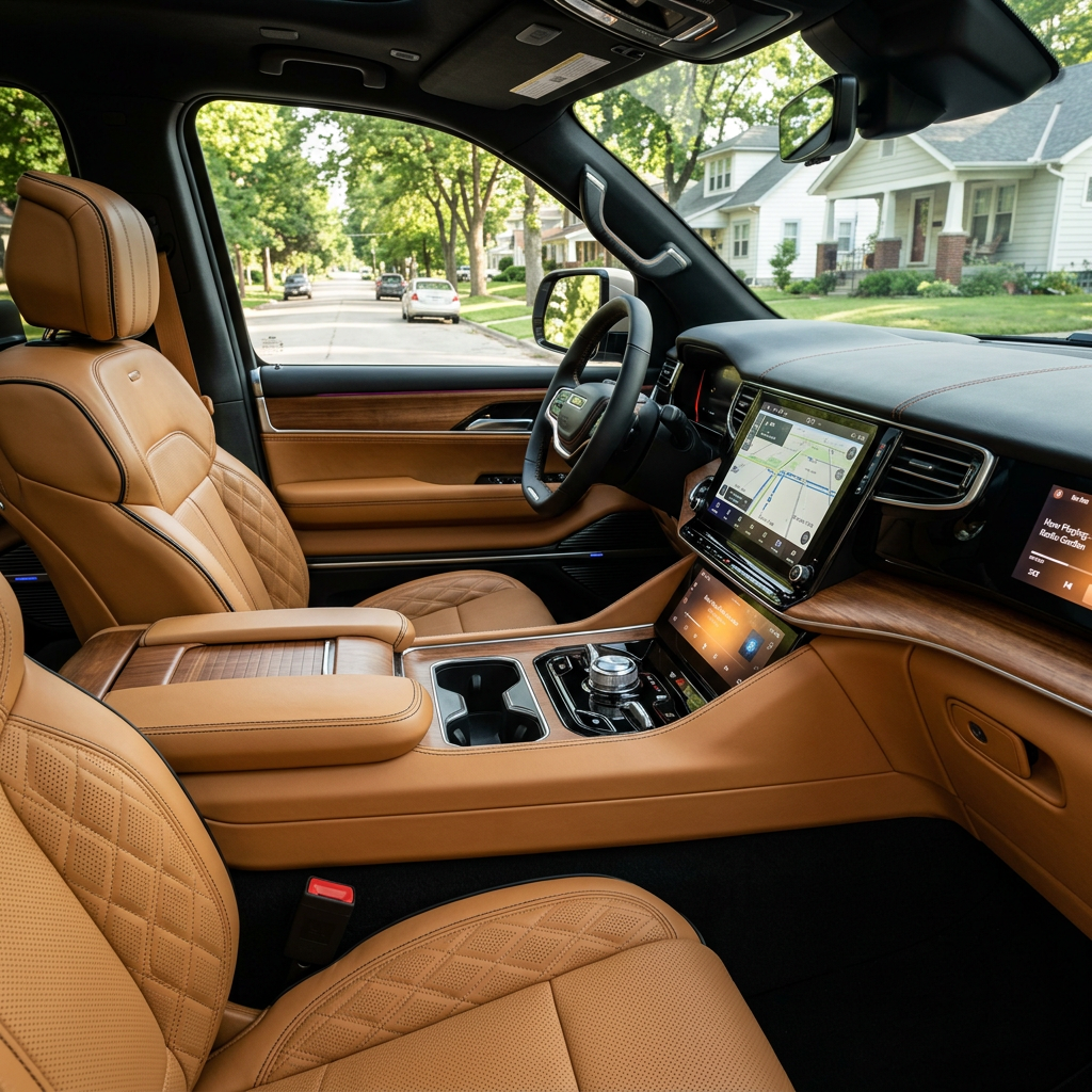 Luxurious interior of a modern SUV featuring tan leather seats, wood trim, and a high-tech dashboard. (Representative image for illustration purposes only. Actual vehicle may vary based on trim and configuration.)