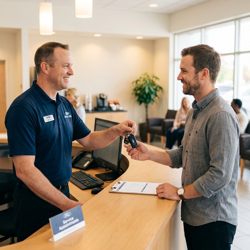 A service advisor hands car keys to a smiling customer at a modern dealership service counter. (Representative image for illustration purposes only. Actual vehicle may vary based on trim and configuration.)