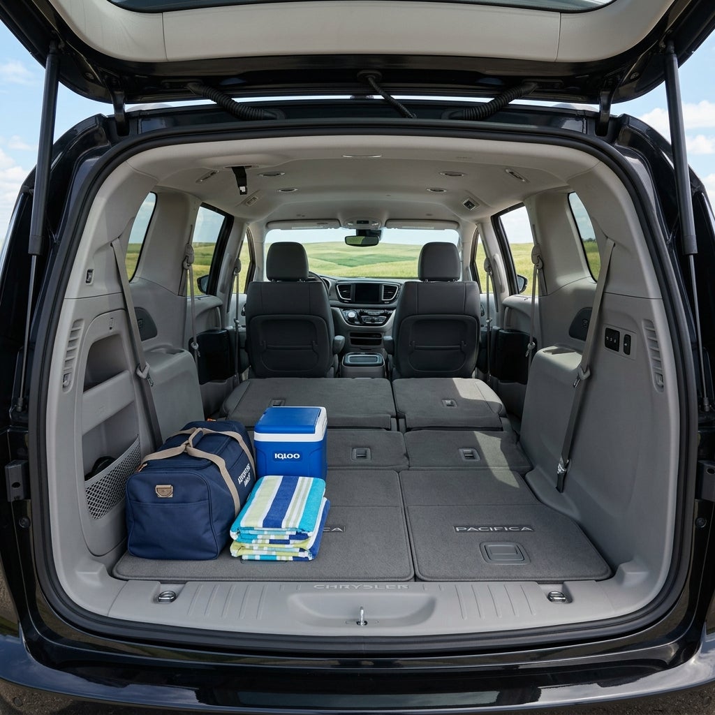 Open trunk of a Chrysler Pacifica minivan with flat-folded seats, holding a navy duffel bag, cooler, and towels. (Representative image for illustration purposes only. Actual vehicle may vary based on trim and configuration.)