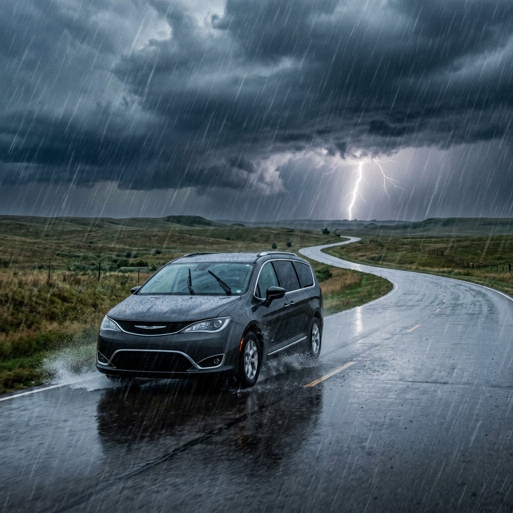 Dark gray Chrysler minivan driving on a wet winding road during a heavy rainstorm with lightning in the distance. (Representative image for illustration purposes only. Actual vehicle may vary based on trim and configuration.)