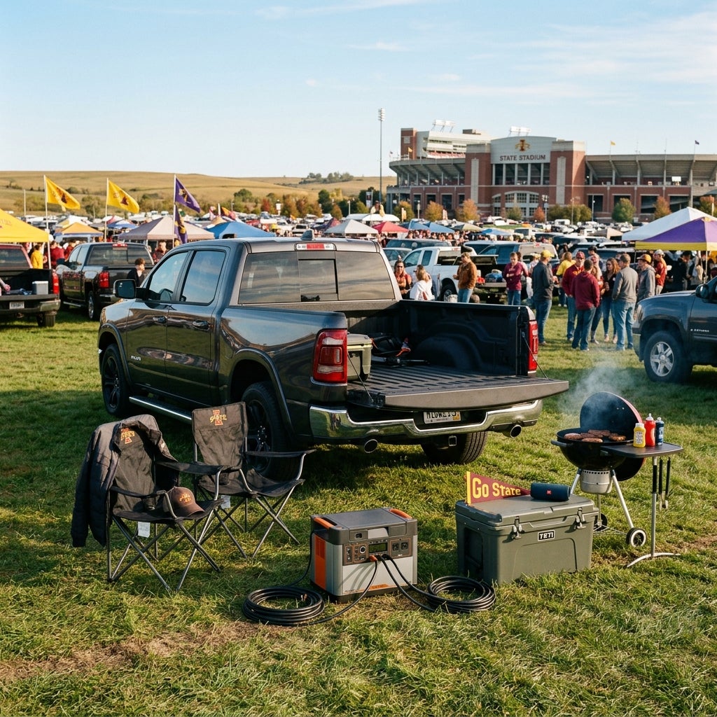 A grey pickup truck tailgating setup with a portable power station, cooler, grill, and chairs near a football stadium. (Representative image for illustration purposes only. Actual vehicle may vary based on trim and configuration.)