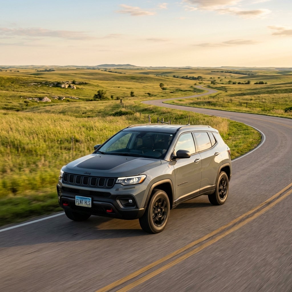 A grey Jeep Compass driving on a winding countryside road through rolling green prairie hills at golden hour. (Representative image for illustration purposes only. Actual vehicle may vary based on trim and configuration.)
