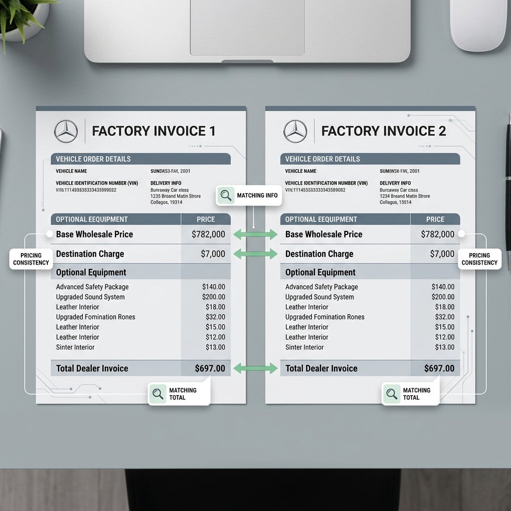 Comparison of two factory invoices showing matching vehicle pricing, destination charges, and total dealer invoice amounts. (Representative image for illustration purposes only. Actual vehicle may vary based on trim and configuration.)