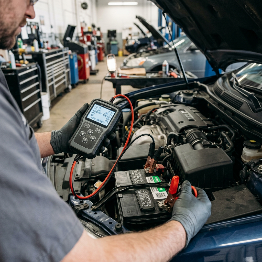 A mechanic using a digital battery tester connected to a car battery under the open hood of a vehicle. (Representative image for illustration purposes only. Actual vehicle may vary based on trim and configuration.)