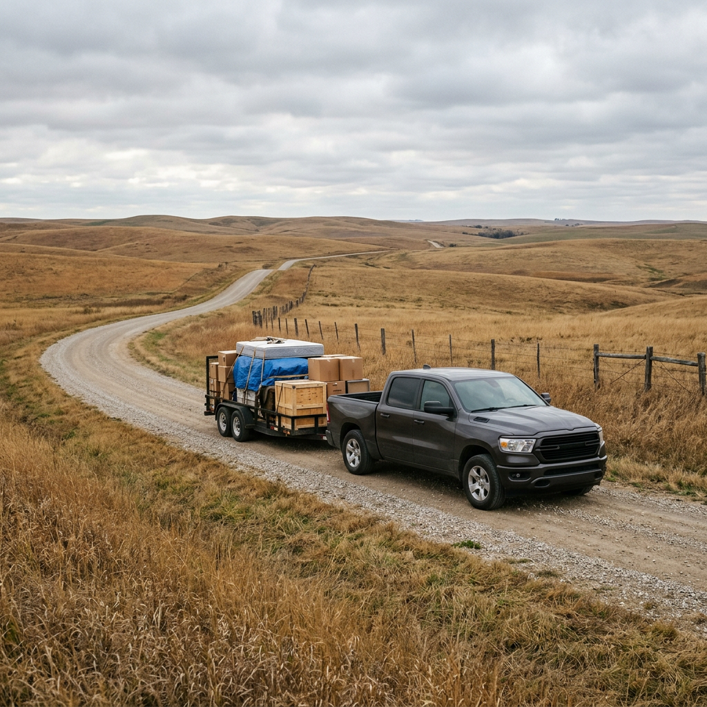 A dark grey pickup truck towing a trailer loaded with boxes and supplies on a gravel road in a hilly landscape. (Representative image for illustration purposes only. Actual vehicle may vary based on trim and configuration.)