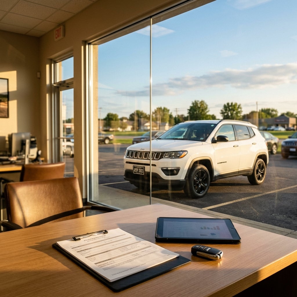 A car key, tablet, and contract on a dealership desk facing a white Jeep Compass parked outside through a large window. (Representative image for illustration purposes only. Actual vehicle may vary based on trim and configuration.)