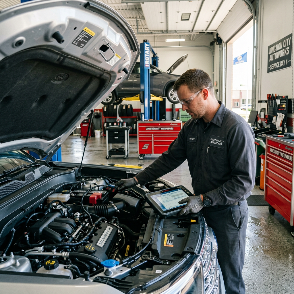 A mechanic using a diagnostic tablet while working on a car engine. (Representative image for illustration purposes only. Actual vehicle may vary based on trim and configuration.)