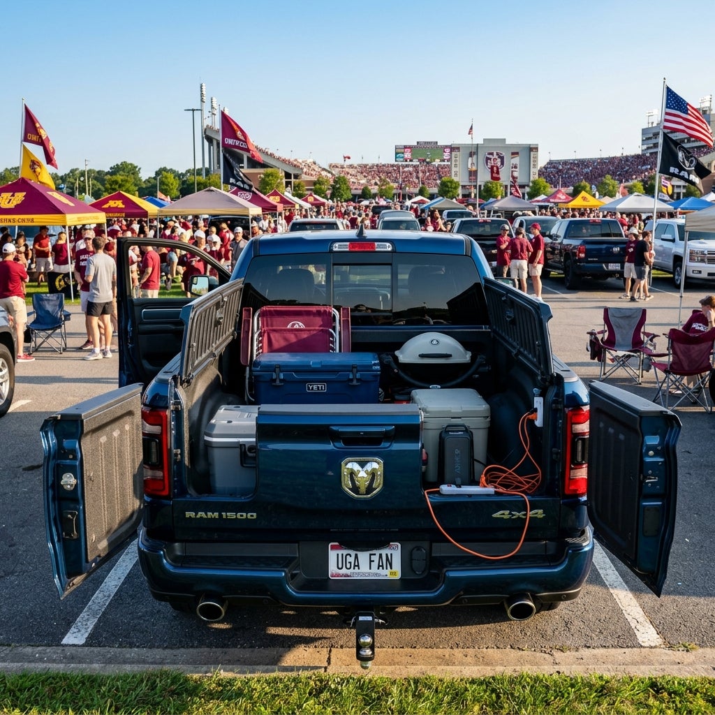 Rear view of a blue Ram 1500 truck bed packed with coolers, a grill, and tailgating gear at a stadium parking lot. (Representative image for illustration purposes only. Actual vehicle may vary based on trim and configuration.)