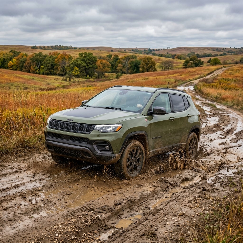 Olive green Jeep Compass Trailhawk splashing through a deep muddy trail in a rural field under an overcast sky. (Representative image for illustration purposes only. Actual vehicle may vary based on trim and configuration.)