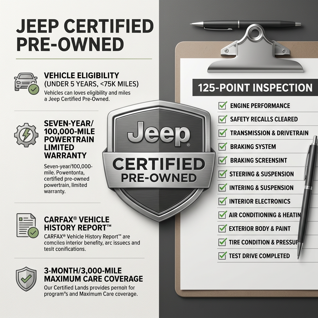 Infographic detailing the benefits of Jeep Certified Pre-Owned vehicles and a 125-point inspection checklist. (Representative image for illustration purposes only. Actual vehicle may vary based on trim and configuration.)