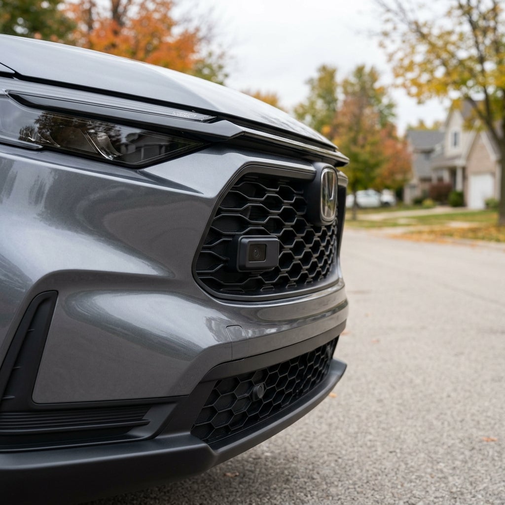 Front grille, headlight, and front-facing camera of a gray modern Honda SUV parked on a suburban street in autumn. (Representative image for illustration purposes only. Actual vehicle may vary based on trim and configuration.)