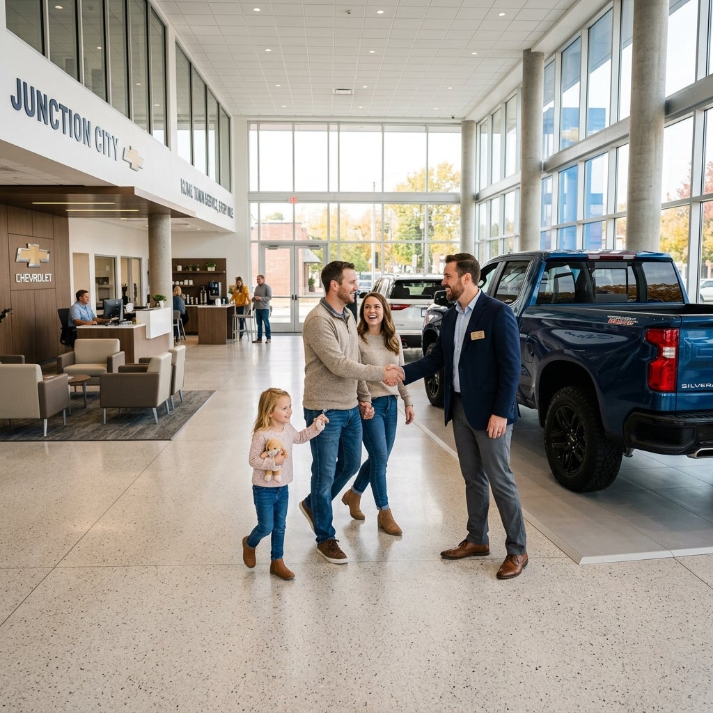 A family shakes hands with a car salesman inside a spacious Chevrolet dealership next to a blue pickup truck. (Representative image for illustration purposes only. Actual vehicle may vary based on trim and configuration.)