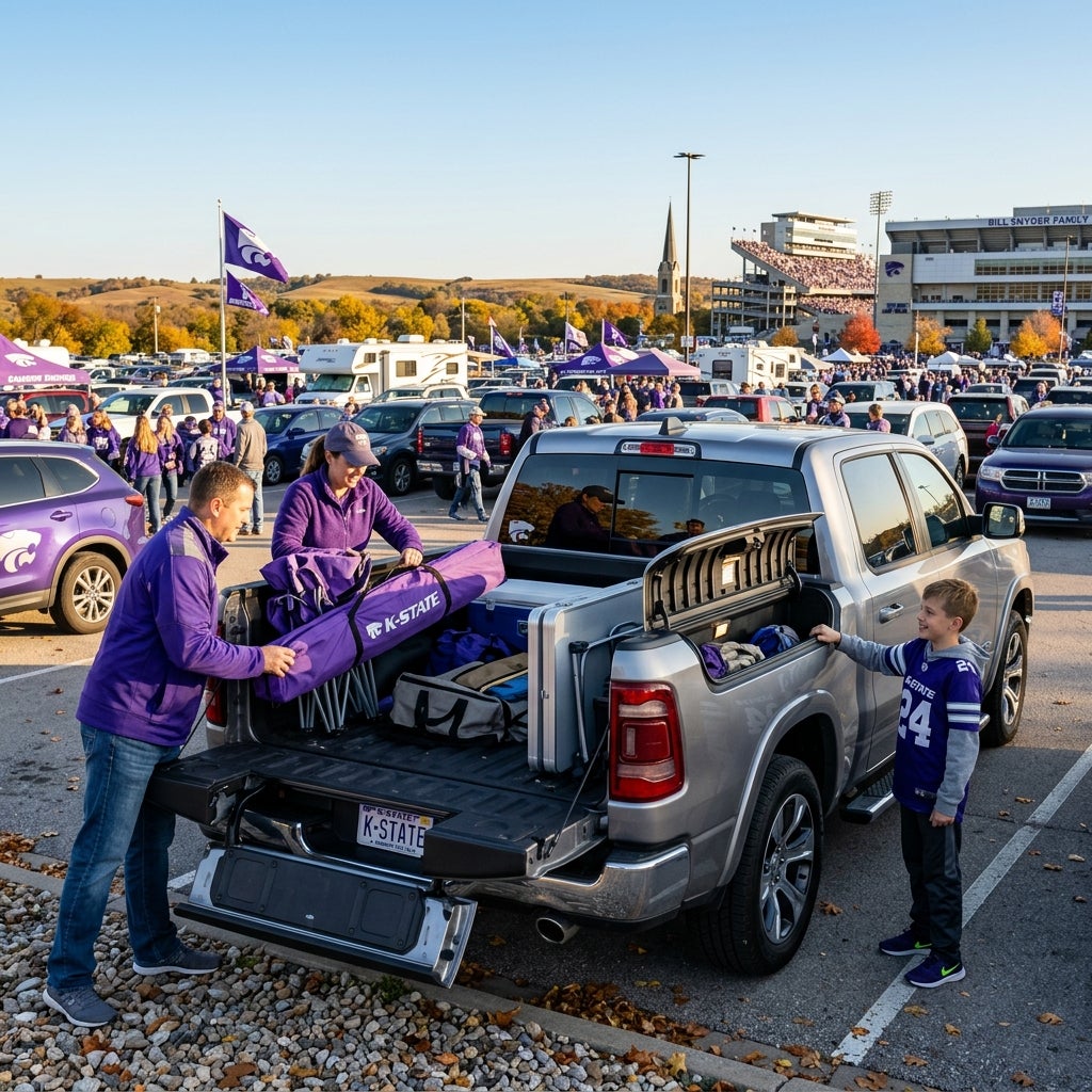 A family in purple K-State gear packs tailgating equipment into a silver pickup truck outside the football stadium. (Representative image for illustration purposes only. Actual vehicle may vary based on trim and configuration.)