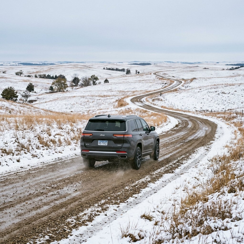 A dark grey Jeep SUV drives along a winding dirt road through snow-covered rolling hills. (Representative image for illustration purposes only. Actual vehicle may vary based on trim and configuration.)