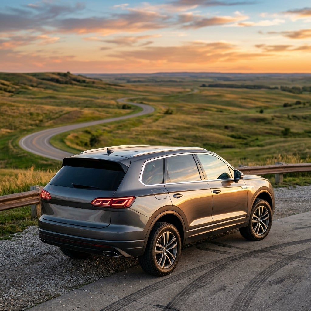 Grey SUV parked on an overlook with a winding road through rolling hills at sunset. (Representative image for illustration purposes only. Actual vehicle may vary based on trim and configuration.)