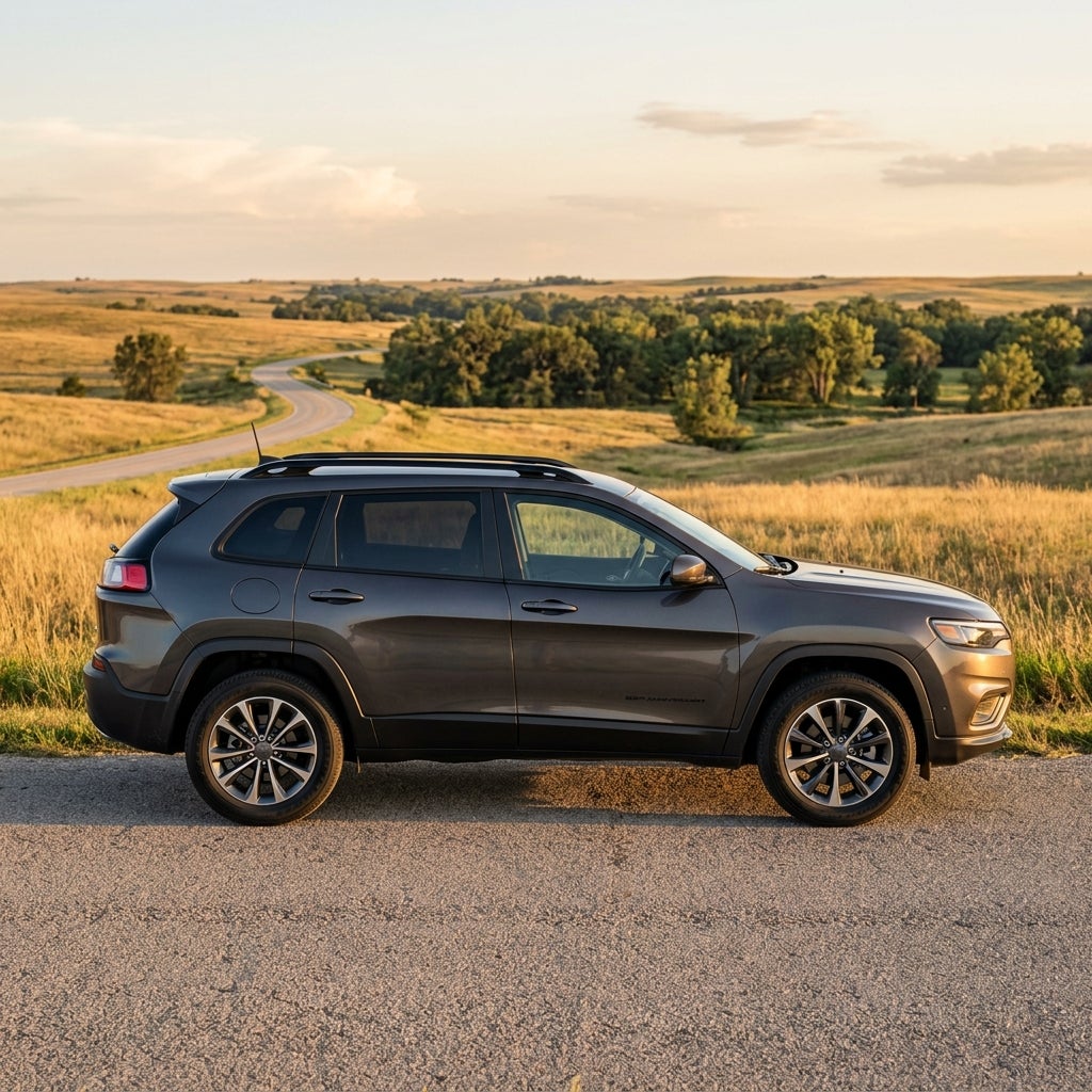 Side profile of a dark grey SUV parked on a paved rural road overlooking rolling golden hills at sunset. (Representative image for illustration purposes only. Actual vehicle may vary based on trim and configuration.)