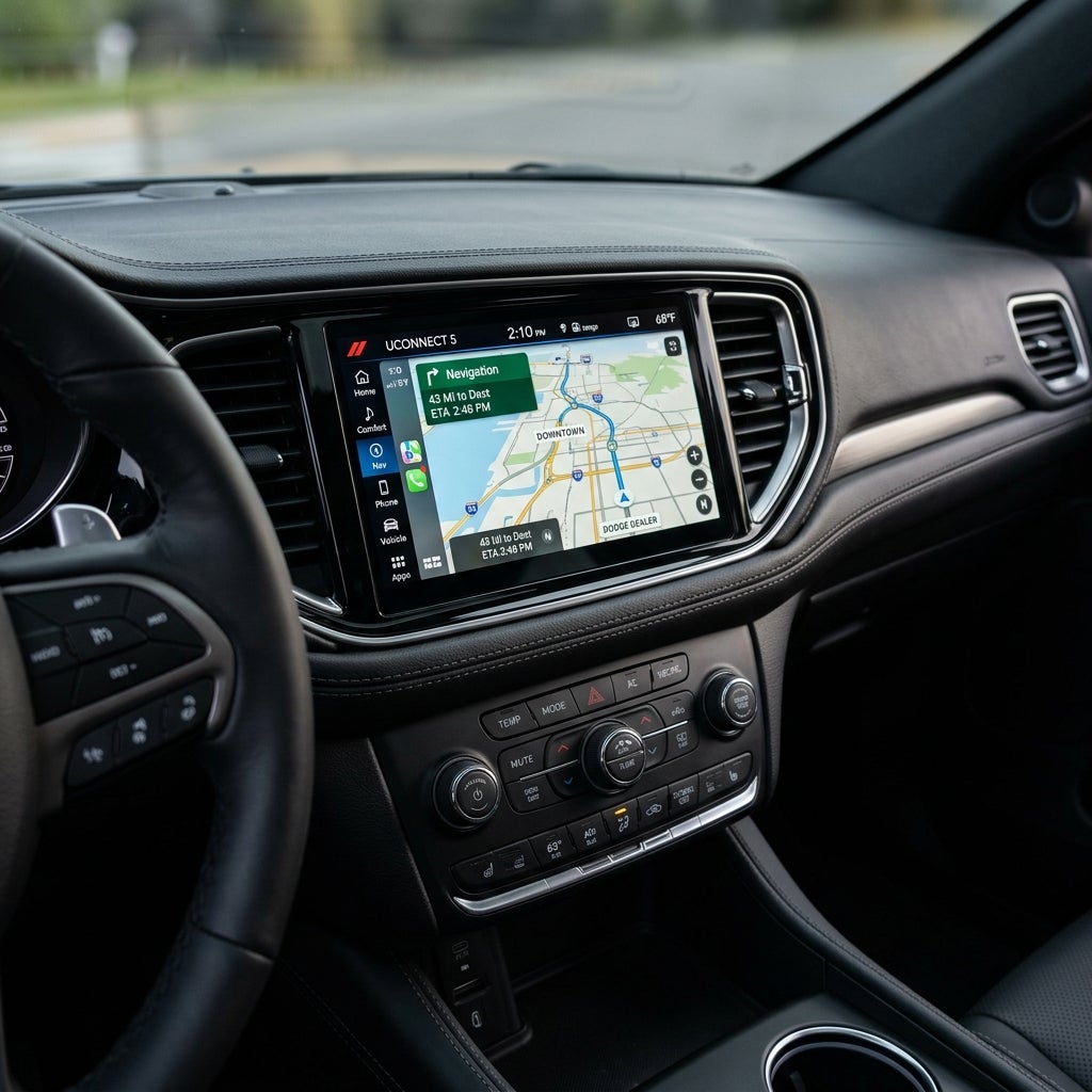 Interior view of a Dodge car dashboard featuring a Uconnect 5 touch screen navigation system and steering wheel. (Representative image for illustration purposes only. Actual vehicle may vary based on trim and configuration.)