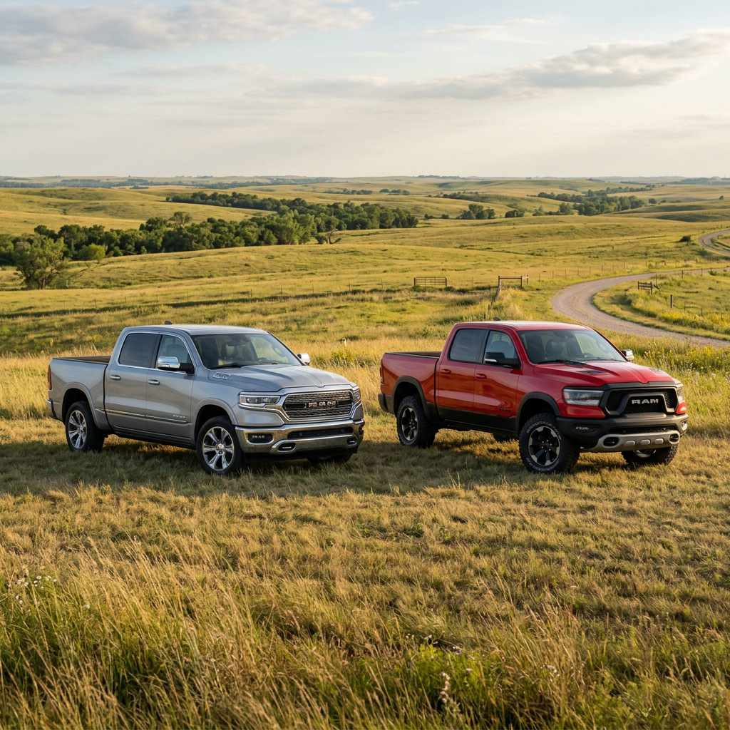 A silver Ram pickup truck and a red Ram Rebel truck parked in a grassy field in a rural rolling hills landscape. (Representative image for illustration purposes only. Actual vehicle may vary based on trim and configuration.)