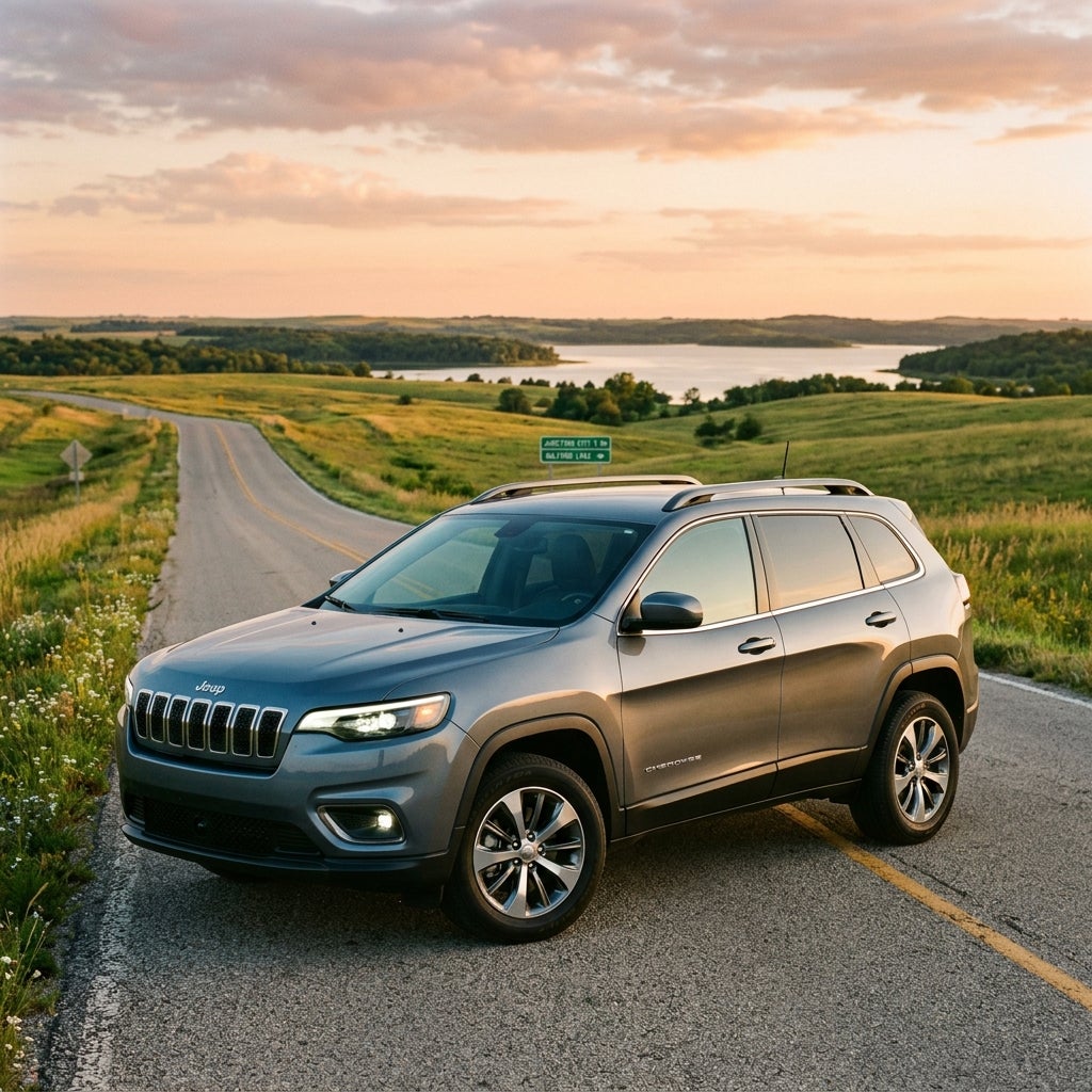 A metallic grey Jeep Cherokee parked on a scenic rural road during golden hour sunset with a lake in the background. (Representative image for illustration purposes only. Actual vehicle may vary based on trim and configuration.)