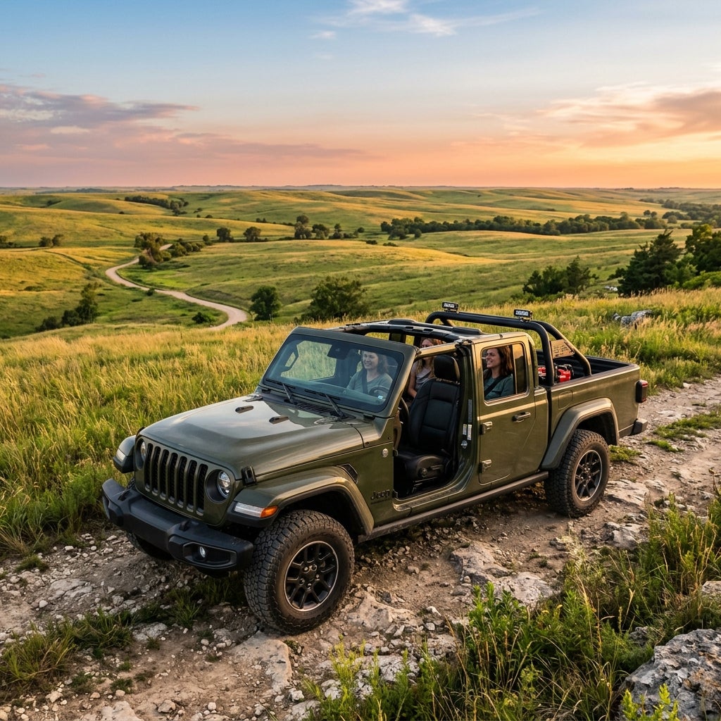 Three people driving an open-top green Jeep Gladiator on a rocky trail overlooking scenic rolling hills at sunset. (Representative image for illustration purposes only. Actual vehicle may vary based on trim and configuration.)
