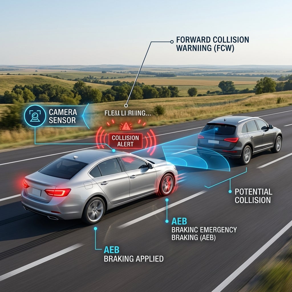 Diagram showing Forward Collision Warning and Automatic Emergency Braking technology between two cars on a highway. (Representative image for illustration purposes only. Actual vehicle may vary based on trim and configuration.)
