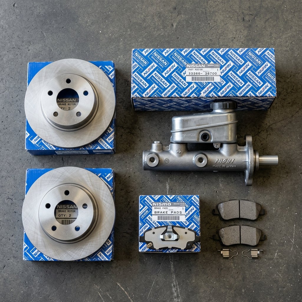 Nissan brake rotors, master cylinder, and NISMO brake pads neatly arranged on a concrete floor. (Representative image for illustration purposes only. Actual vehicle may vary based on trim and configuration.)