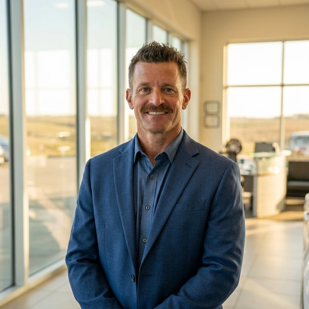 Smiling man with a mustache wearing a blue suit jacket in a sunlit modern office setting. (Representative image for illustration purposes only. Actual vehicle may vary based on trim and configuration.)