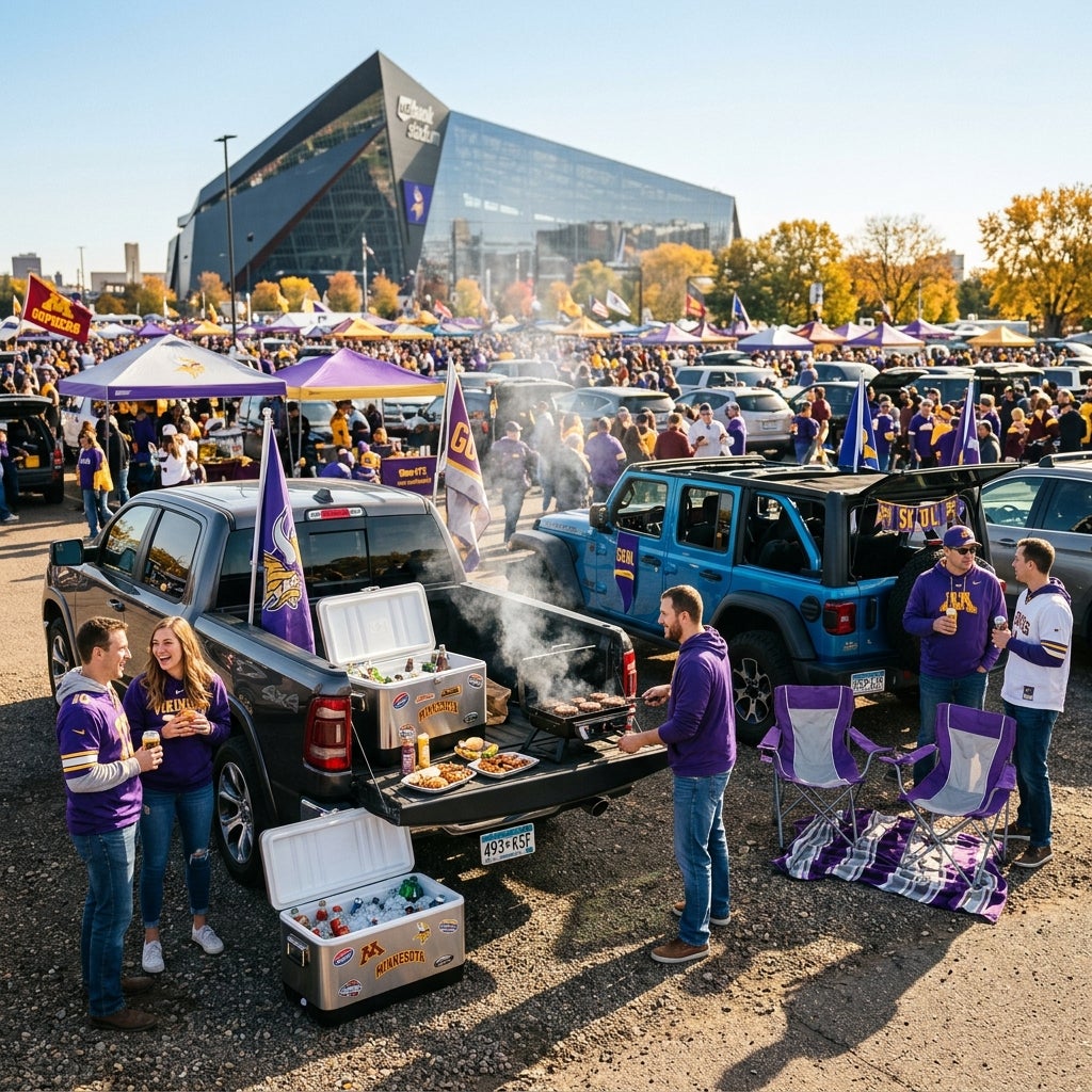 Fans tailgating with food, drinks, and a grill in a parking lot outside U.S. Bank Stadium in Minneapolis. (Representative image for illustration purposes only. Actual vehicle may vary based on trim and configuration.)