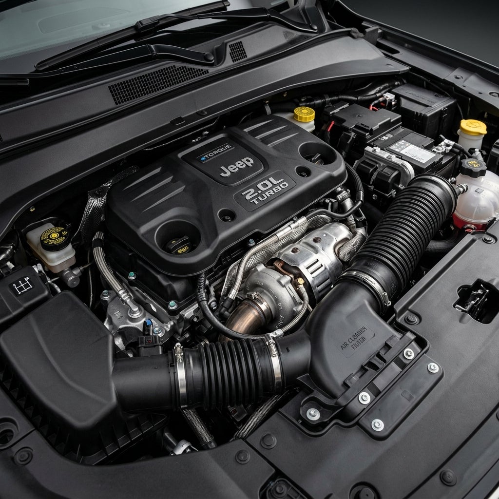 Clean engine compartment of a Jeep featuring a 2.0-liter turbocharged eTorque engine and intake assembly. (Representative image for illustration purposes only. Actual vehicle may vary based on trim and configuration.)