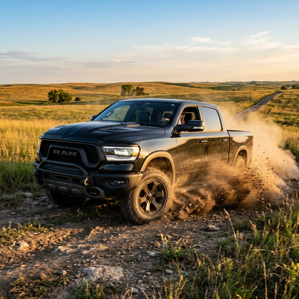 Black Ram pickup truck driving dynamically on a dirt trail, kicking up a large cloud of dust at sunset. (Representative image for illustration purposes only. Actual vehicle may vary based on trim and configuration.)