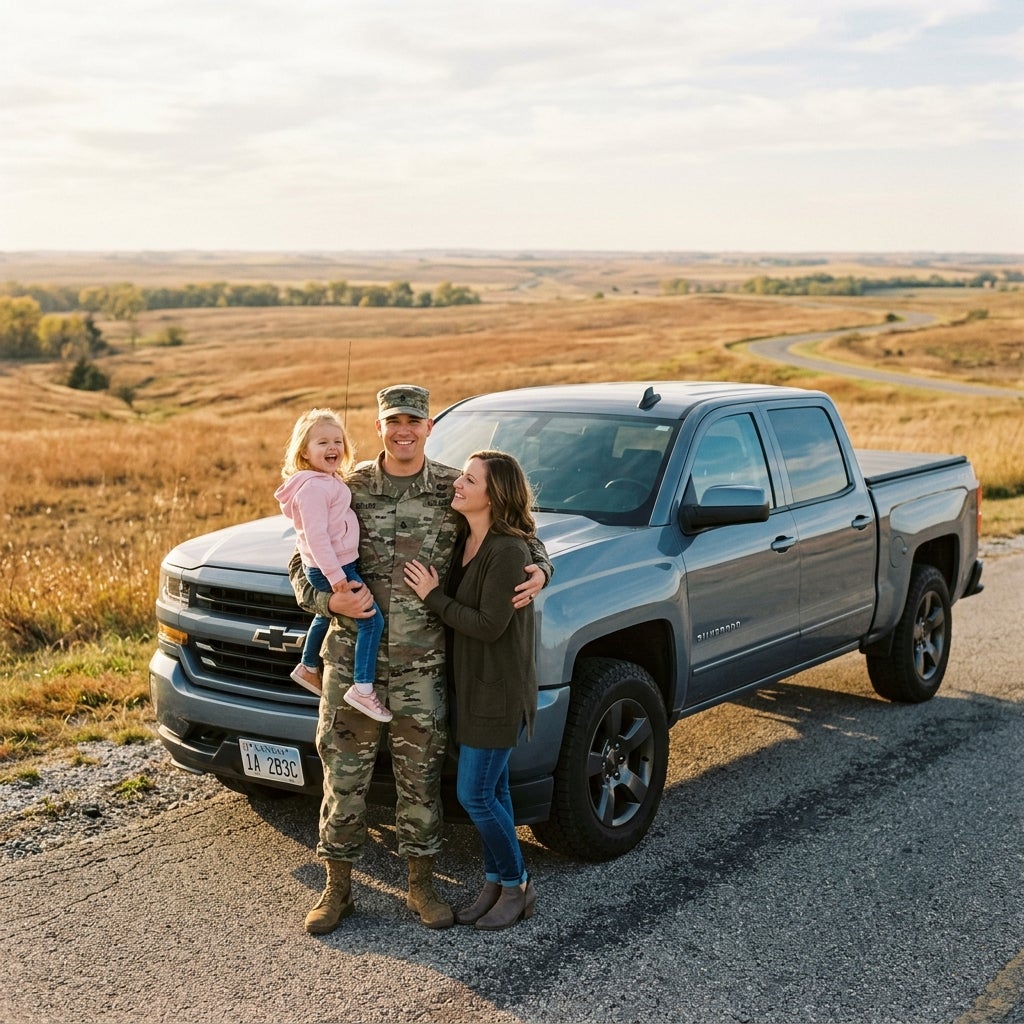 Military family with a young girl smiling in front of a grey pickup truck on a scenic rural road. (Representative image for illustration purposes only. Actual vehicle may vary based on trim and configuration.)
