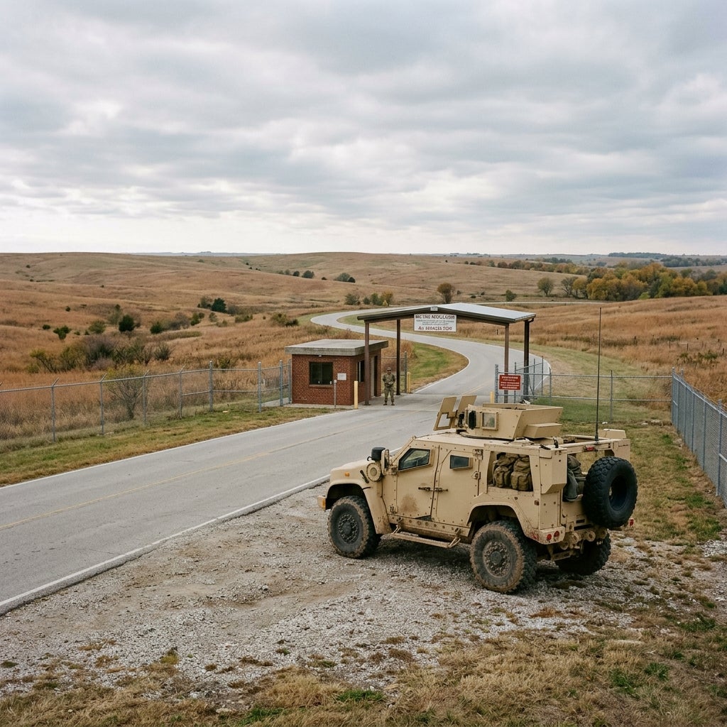 A tan military armored vehicle parked beside a security gate and guard booth in a rural prairie landscape. (Representative image for illustration purposes only. Actual vehicle may vary based on trim and configuration.)