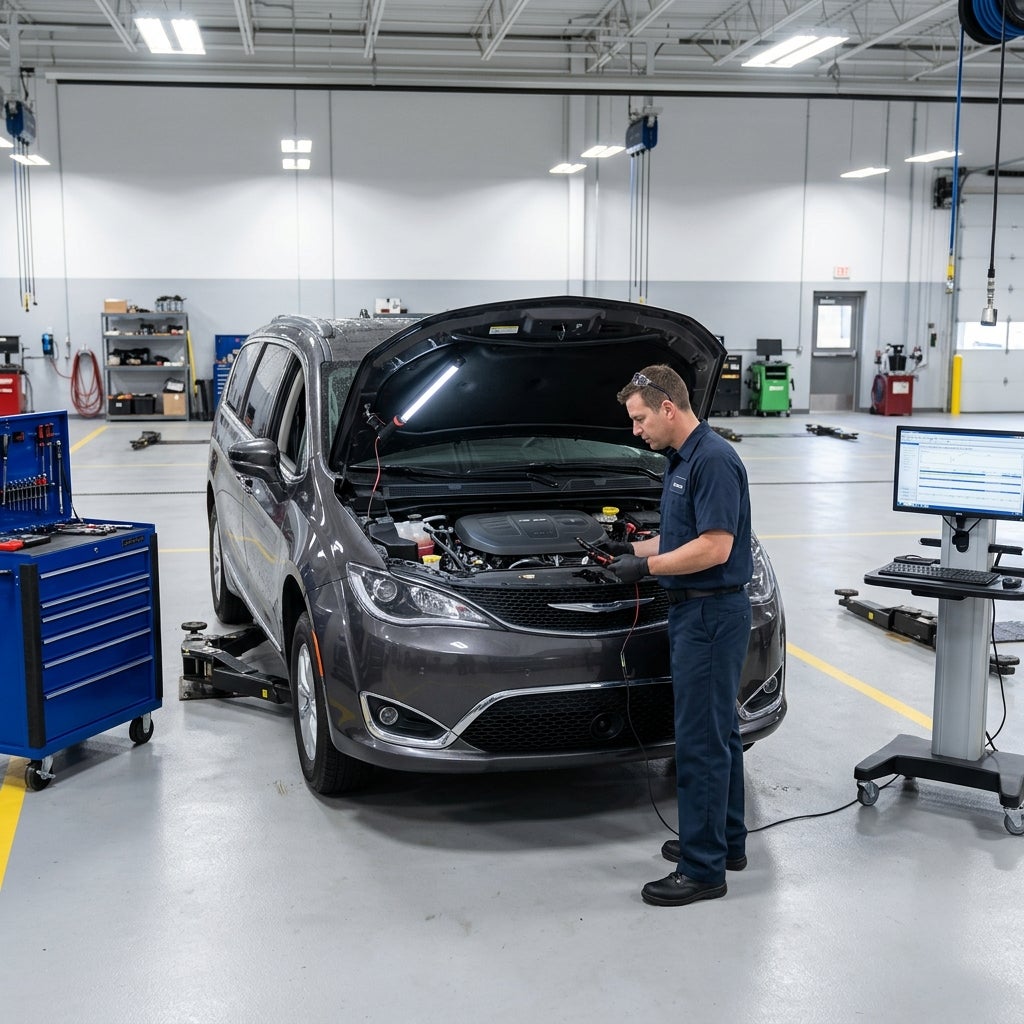 Auto mechanic inspecting the engine of a minivan with diagnostic tools in a clean repair shop. (Representative image for illustration purposes only. Actual vehicle may vary based on trim and configuration.)