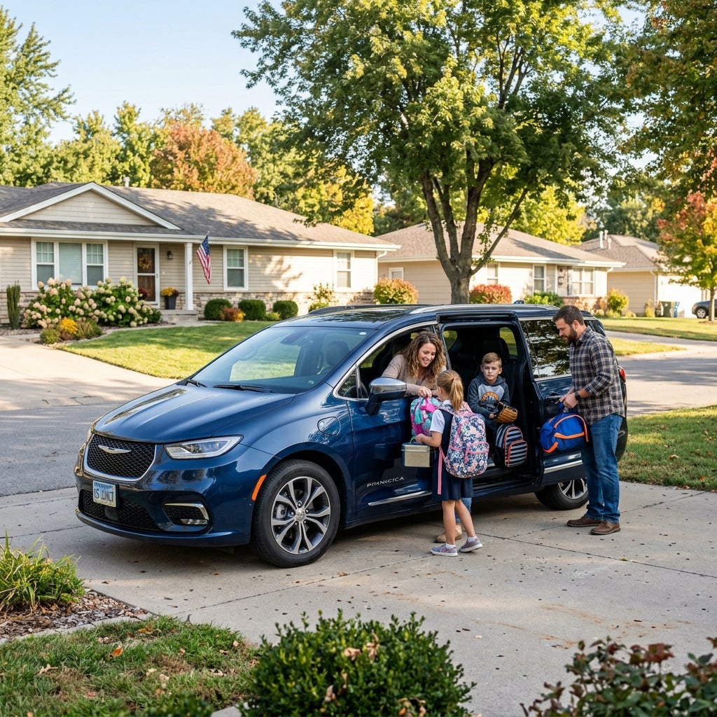 A family loading bags and backpacks into a blue minivan in a sunny suburban driveway. (Representative image for illustration purposes only. Actual vehicle may vary based on trim and configuration.)