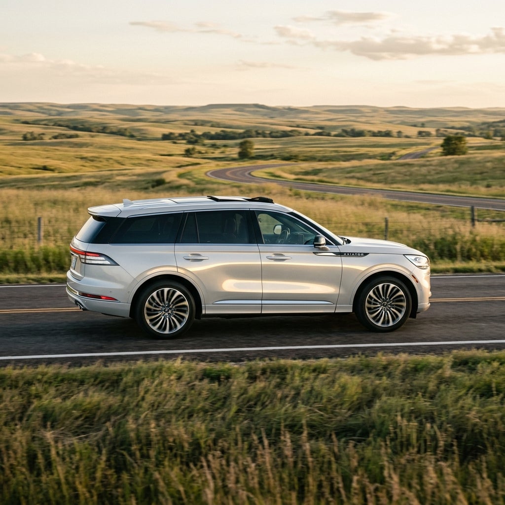 Side profile of a silver Lincoln Aviator SUV driving on a paved road through rolling green hills. (Representative image for illustration purposes only. Actual vehicle may vary based on trim and configuration.)