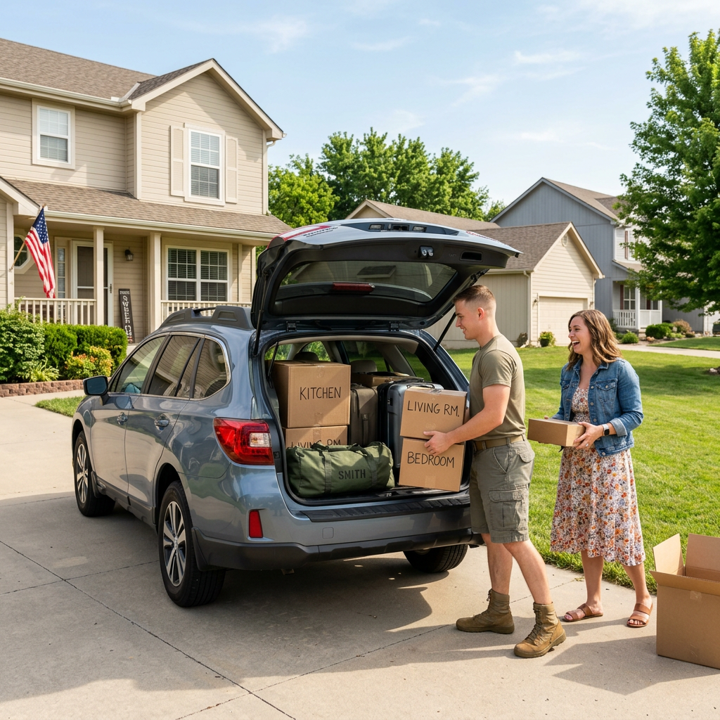 A man and woman unload labeled cardboard moving boxes from the back of a blue SUV in a suburban driveway. (Representative image for illustration purposes only. Actual vehicle may vary based on trim and configuration.)
