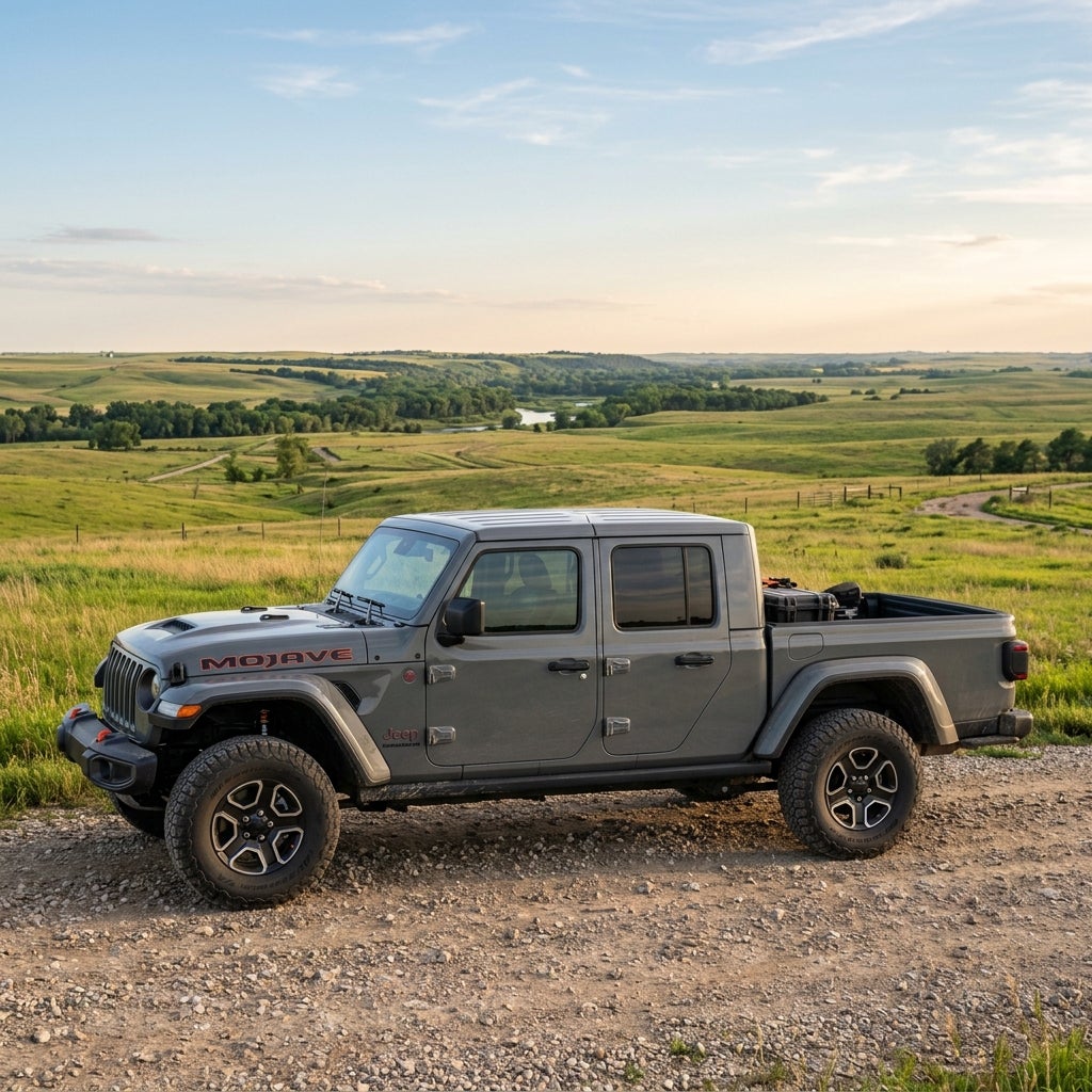 Side profile of a grey Jeep Gladiator Mojave truck parked on a gravel road overlooking green rolling hills. (Representative image for illustration purposes only. Actual vehicle may vary based on trim and configuration.)