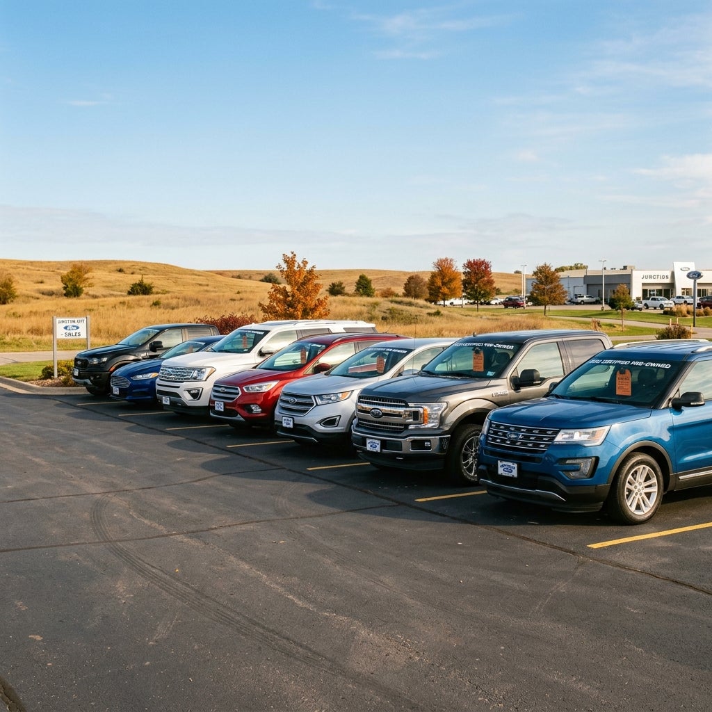 A row of colorful Ford SUVs and trucks parked in a dealership lot against a scenic outdoor background. (Representative image for illustration purposes only. Actual vehicle may vary based on trim and configuration.)